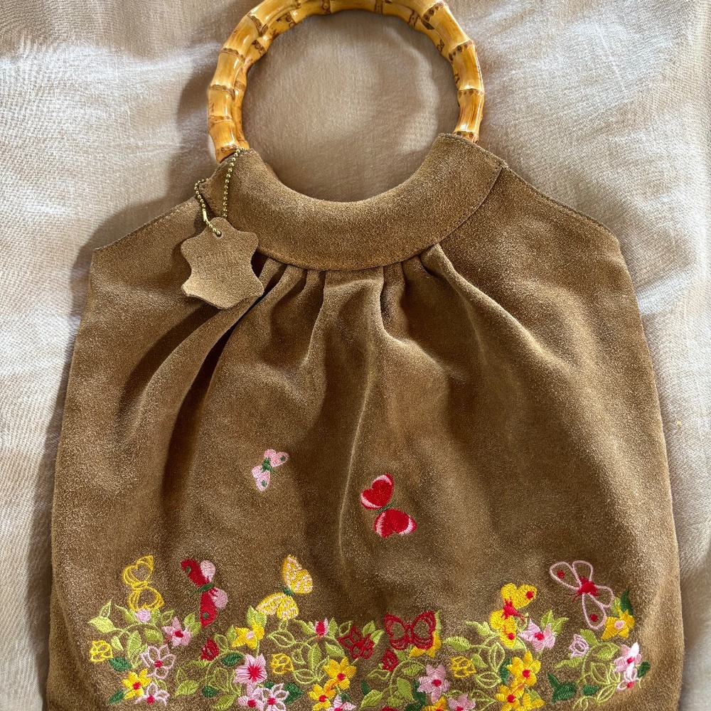 Vintage Lord & Taylor floral embroidered suede purse.